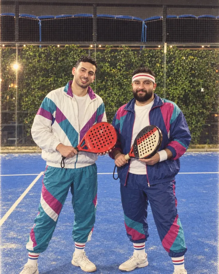 Two players in 80s tracksuits on court